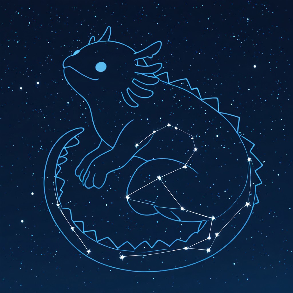masterpiece, best quality, newest, absurdres, highres, anime, anime style, LSCV1.0, constellation, star (sky), starry sky, night sky, night, starry sky, no humans, animal, animal focus, axolotl, silhouette, monochrome,