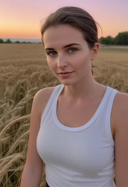 30yo american woman in a wheat field
Small eyes. Brown eyes.
Wearing white tank top. no makeup. Clear skin.  realistic skin style
Long dark black slick back hair. No makeup. Dusk, Street light. Looking at camera POV. Slight smile, tilting head.. Tilt head. Hands in head, face, lips.
Medium Close Up shot. Bokeh. Bokeh light. Sunset. yellow, purple sky.