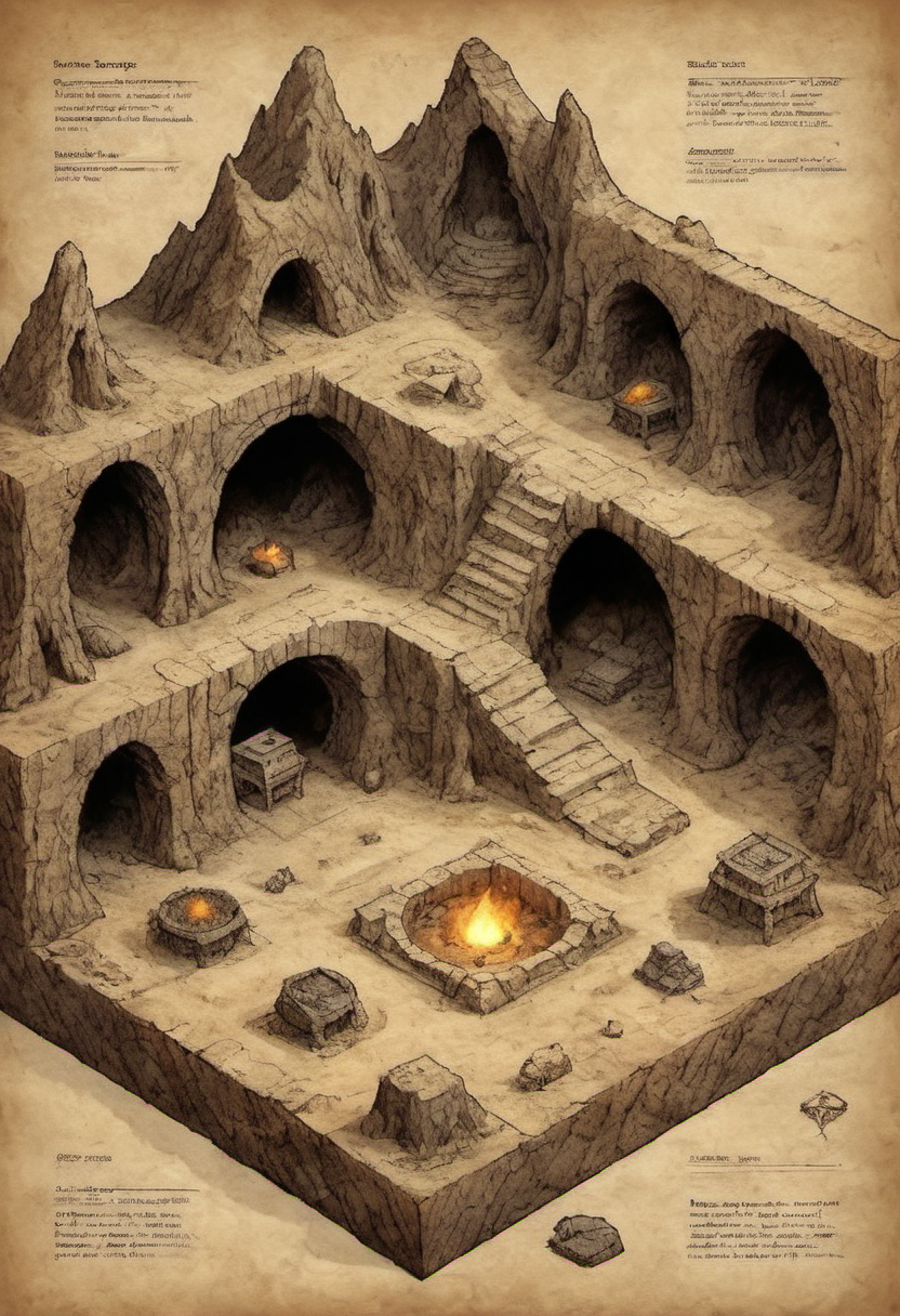 on parchment isometric subterranean mountain caves rpg battle map straight paths geometric wall torches many alcoves and hidden treasure and treasure chests lurking monsters