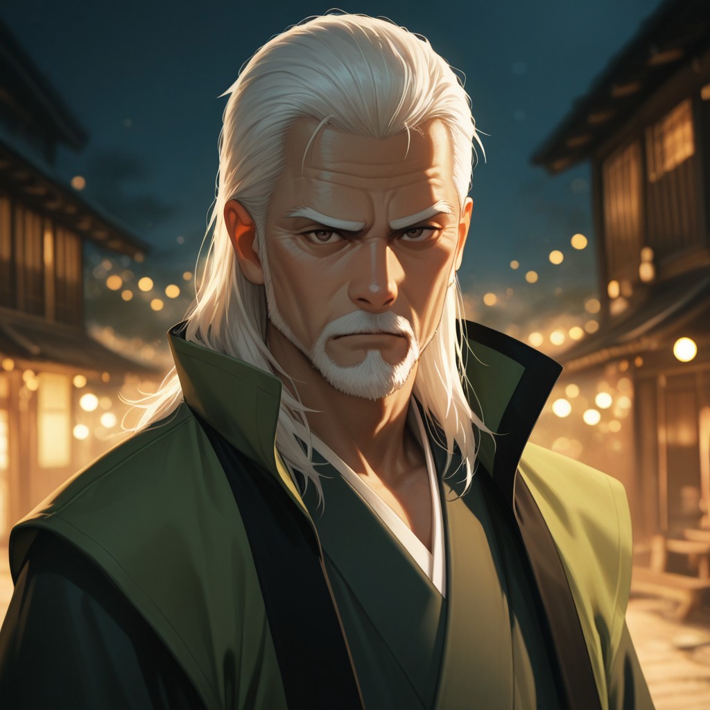 masterpiece, best quality, amazing quality, absurdres, newest, detailed background, definition so sharp, Ultra-HD, 8K cinematic, very awa, impressionate, amazing quality, highres, 
solo, male focus, manly, mature male, bara, bokeh, night, warm light, blurry background, outdoor, 
1boy, old man, long hair, facial hair, lieutenant_white hair, lieutenant_brown eyes, daikakukokujouji, haori, hakama, serious face, calm face, looking at viewer
