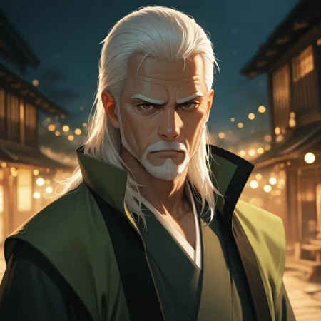 masterpiece, best quality, amazing quality, absurdres, newest, detailed background, definition so sharp, Ultra-HD, 8K cinematic, very awa, impressionate, amazing quality, highres,
solo, male focus, manly, mature male, bara, bokeh, night, warm light, blurry background, outdoor,
1boy, old man, long hair, facial hair, lieutenant_white hair, lieutenant_brown eyes, daikakukokujouji, haori, hakama, serious face, calm face, looking at viewer
