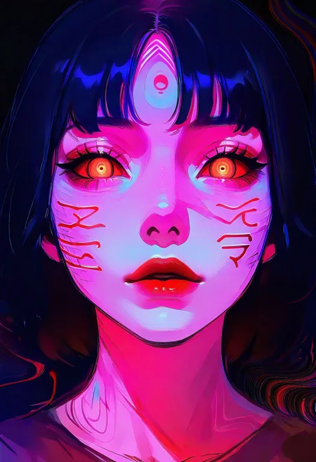 masterpiece, best quality, good quality, very aesthetic, absurdres, newest, 1girl, solo, looking_at_viewer, black_hair, 1boy, text, orange_eyes, lips, colored_skin, portrait, close-up, colored_sclera, red_lips, stitches, body_writing, horror_\(theme\), eye_focus, stitched_face, limited palette, sketch, glowing, psychedelic, Dutch Angle, <lora:ponyv5_noobE11_1_adamW-000013:0.7> <lora:USNR_STYLE_XL_lokr:1> <lora:Navi_LustStrokes_IL:1>