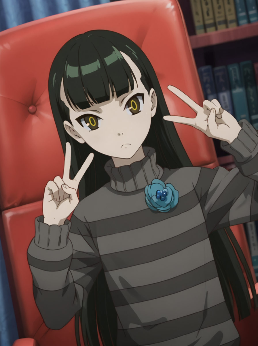 detailed background, posing, rating safe,
<lora:kazamori.pony:1>,
kazamori, 
frown, v, w, peace,