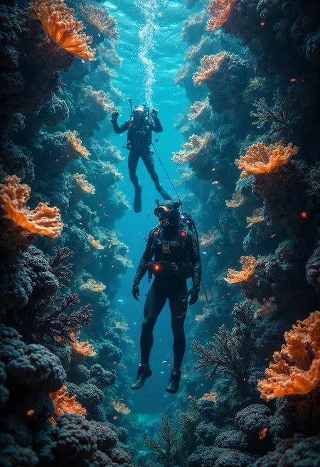 A deep-sea explorer discovering a bioluminescent mushroom forest in the abyss.
Physical Features:
- Massive coral-mushroom hybrids
- Pulsing bioluminescent patterns
- Flowing tentacles and polyps
- Translucent mushroom flesh with inner light
- Complex reef structures integrated with fungi
Outfit Breakdown:
- Deep-sea diving suit with lights
- Modern underwater breathing apparatus
- Camera equipment capturing discovery
- Reinforced pressure suit joints
- Emergency oxygen systems
- Navigation equipment glowing in dark
Color and Materials:
- Deep sea blues and blacks
- Bioluminescent orange highlights
- Translucent coral textures
- Shimmering water effects
- Particle effects in water
- Reflective diving suit materials
Environment and Context:
- Floating debris catching light
- Schools of exotic fish
- Rising air bubbles catching light
- Swaying underwater vegetation
- Deep sea currents visible in water
- Mysterious deep sea creatures