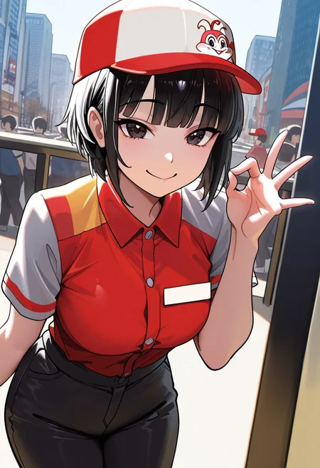 close up, solo, woman, smile, black hair, bangs, short hair, jollibee_uniform, red collared shirt, shirt buttons, name tag, red cap, logo on cap, black pants, smile, ok hand sign, city, outdoor, high quality, best quality, masterpiece, 4k resolution, anime