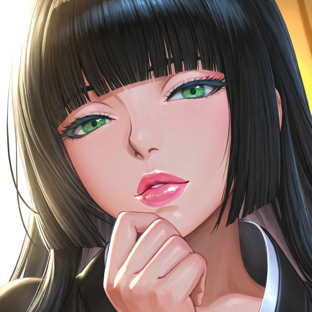 1girl, <lora:Gentiana_FFXV_ilxl_goofy:1> gentiana,  \(FFXV\),, adult woman, masterpiece, black kimono, hand up, black hair, long hair, hime cut, blunt bangs, detailed lips, luscious lips, lip gloss, portrait, colored eyelashes, backlighting, detailed eyes, green eyes, large breasts, goddess, glossy skin, ,hires,best quality, very aesthetic,absurdres,score_9, score_8_up, score_7_up, score_6_up, score_5_up, score_4_up, (hyper extreme detailed), (hyper quality), game CG, (colour:1.2),(from side:0.7)