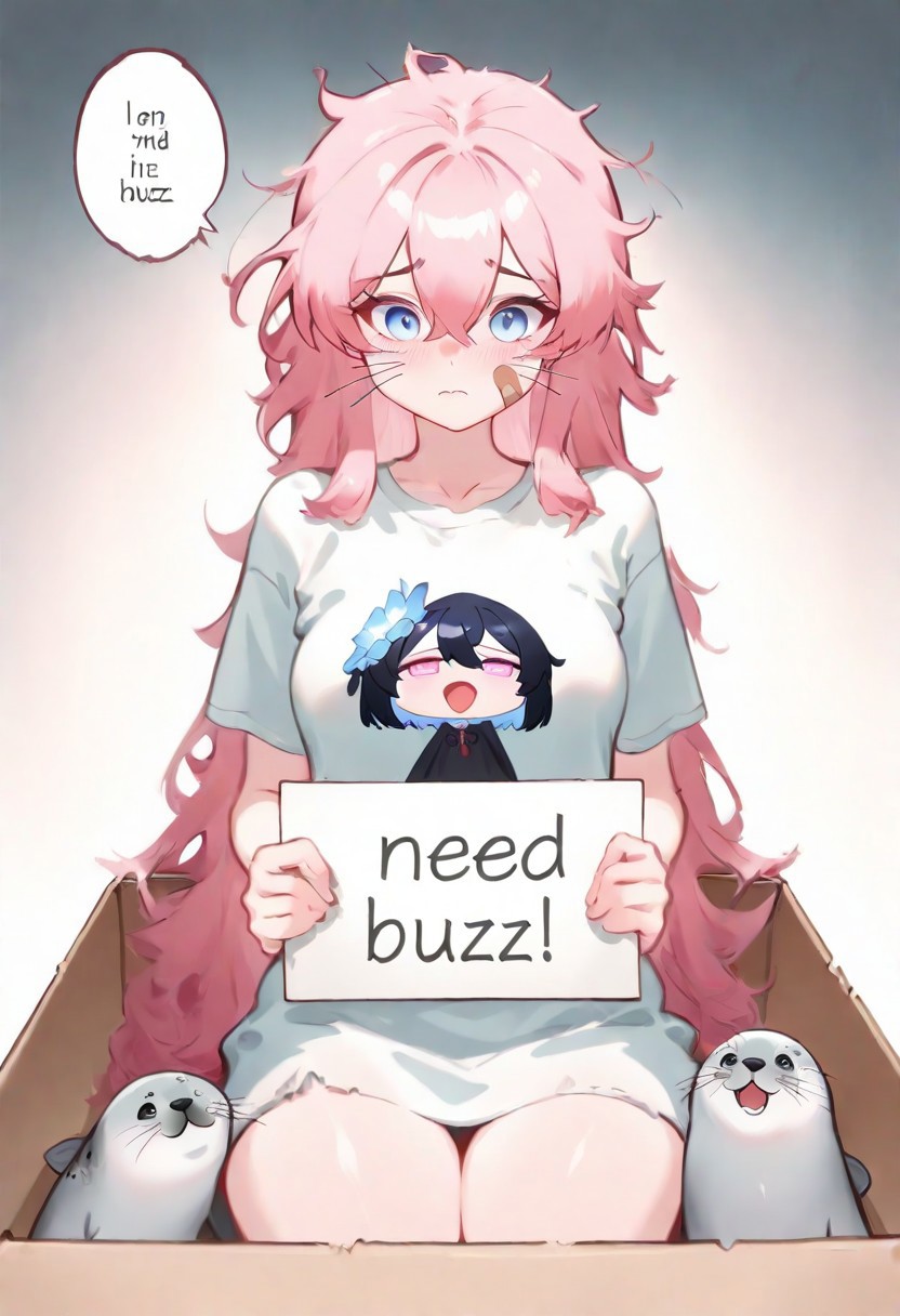 masterpiece, absurdres, highres, very cute and delicate, vibrant colours, raytracing, volumetric lighting, 1girl, mugshot, ashamed, t_shirt,sad, :S, pink_hair, long_hair, messy hair, band aid in face, holding sign, detailed light-blue eyes, perky round medium breasts, wearing a very intricate and dirty dress, thick thighs, need_buzz,seal,   whiskers, seal (animal), seele vollerei (herrscher of rebirth), solo, cartoon, cute, oversized animal, in box, in container, cardboard box, need_buzz, holding sign, speech bubble,english text, talking, "BUZZ ME" in the speech bubble