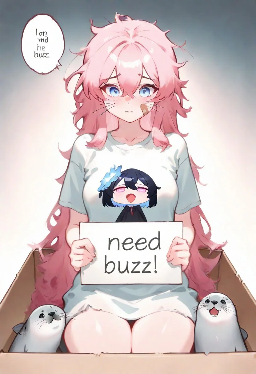 masterpiece, absurdres, highres, very cute and delicate, vibrant colours, raytracing, volumetric lighting, 1girl, mugshot, ashamed, t_shirt,sad, :S, pink_hair, long_hair, messy hair, band aid in face, holding sign, detailed light-blue eyes, perky round medium breasts, wearing a very intricate and dirty dress, thick thighs, need_buzz,seal, whiskers, seal (animal), seele vollerei (herrscher of rebirth), solo, cartoon, cute, oversized animal, in box, in container, cardboard box, need_buzz, holding sign, speech bubble,english text, talking, "BUZZ ME" in the speech bubble