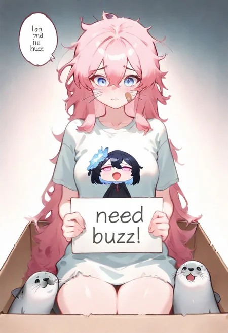 masterpiece, absurdres, highres, very cute and delicate, vibrant colours, raytracing, volumetric lighting, 1girl, mugshot, ashamed, t_shirt,sad, :S, pink_hair, long_hair, messy hair, band aid in face, holding sign, detailed light-blue eyes, perky round medium breasts, wearing a very intricate and dirty dress, thick thighs, need_buzz,seal, whiskers, seal (animal), seele vollerei (herrscher of rebirth), solo, cartoon, cute, oversized animal, in box, in container, cardboard box, need_buzz, holding sign, speech bubble,english text, talking, "BUZZ ME" in the speech bubble