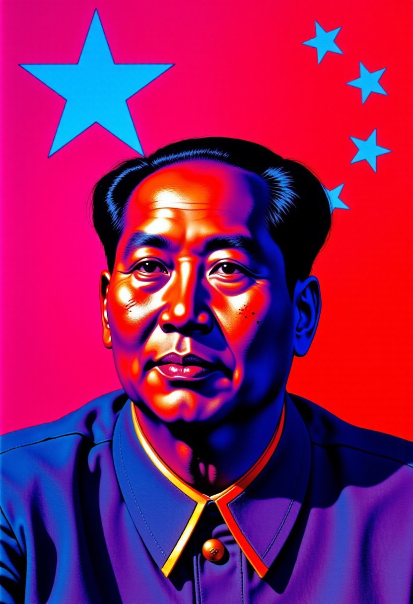 (highly detailed, high contrast color art) A digitally stylized portrait of Mao Zedong dominates the center of the composition, rendered in intense contrasting hues. Mao’s face is depicted in bold purples and electric blues, with deep shadows and saturated highlights creating a graphic, poster-like effect. His neatly combed hair appears jet black, while his iconic Mao suit is reimagined in a striking cobalt blue with glowing orange accents. The background radiates a bright magenta tone, replacing traditional red, and features a large cyan five-pointed star in the upper left. To the right of Mao's face, three smaller cyan stars float in a loose arc, mirroring the layout of the Chinese flag in a reinterpreted palette. The visual style is sharp and modern, using exaggerated lighting and saturated textures to emphasize Mao’s stoic expression and the symbolic elements around him. The image blends propaganda poster aesthetics with contemporary pop-art flair.