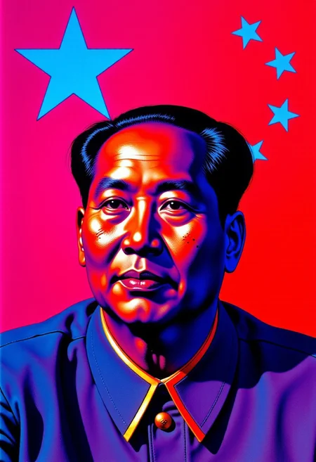 (highly detailed, high contrast color art) A digitally stylized portrait of Mao Zedong dominates the center of the composition, rendered in intense contrasting hues. Mao’s face is depicted in bold purples and electric blues, with deep shadows and saturated highlights creating a graphic, poster-like effect. His neatly combed hair appears jet black, while his iconic Mao suit is reimagined in a striking cobalt blue with glowing orange accents. The background radiates a bright magenta tone, replacing traditional red, and features a large cyan five-pointed star in the upper left. To the right of Mao's face, three smaller cyan stars float in a loose arc, mirroring the layout of the Chinese flag in a reinterpreted palette. The visual style is sharp and modern, using exaggerated lighting and saturated textures to emphasize Mao’s stoic expression and the symbolic elements around him. The image blends propaganda poster aesthetics with contemporary pop-art flair.