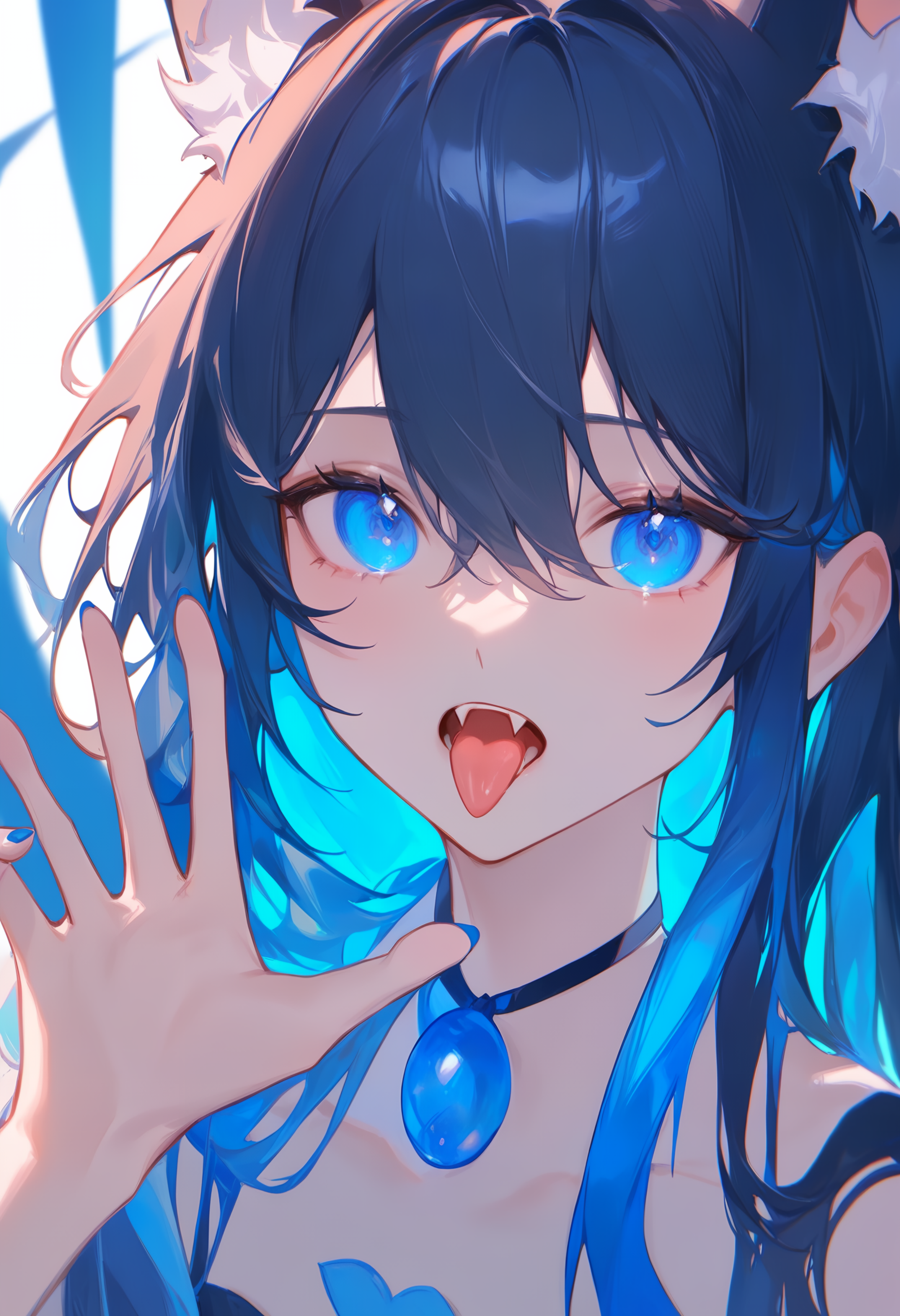 1girl, 
ciloranko, maccha \(mochancc\), lobelia \(saclia\), migolu, ask \(askzy\), wanke, (jiu ye sang:1.1), (rumoon:0.9), (mizumi zumi:1.1), 
close-up, fox girl, hair between eyes, blue nails, animal ears, fang, long hair, open mouth, blue hair, portrait, blue eyes, blue theme, looking at viewer, tongue out, collarbone, fox ears, tongue, open hand, hair behind ear, brown hair, blunt bangs, nail polish, solo, 
masterpiece, newest, absurdres, sensitive