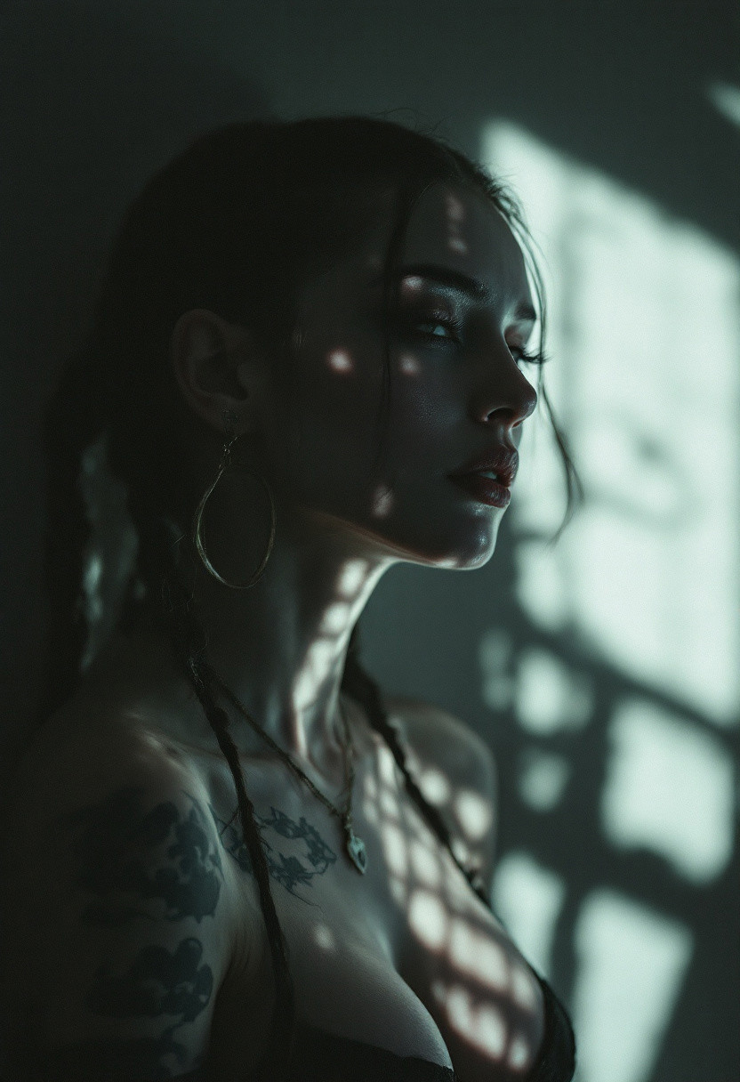 cinematic film still of a jinx with a shadow on her face casting shadow style cucoloris patterned illumination, shallow depth of field, vignette, highly detailed, high budget, bokeh, cinemascope, moody, epic, gorgeous, film grain, grainy
twin braids,small breasts,single elbow glove,short shorts,necklace,fingerless gloves,tattoo,cloud_tattoo,arm_tattoo,jinx
