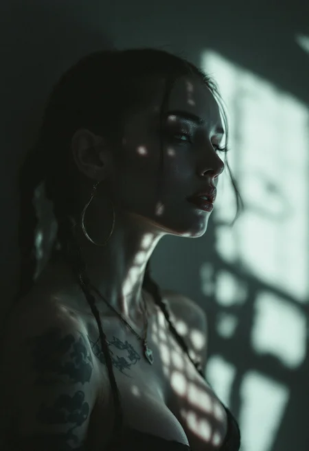 cinematic film still of a jinx with a shadow on her face casting shadow style cucoloris patterned illumination, shallow depth of field, vignette, highly detailed, high budget, bokeh, cinemascope, moody, epic, gorgeous, film grain, grainy
twin braids,small breasts,single elbow glove,short shorts,necklace,fingerless gloves,tattoo,cloud_tattoo,arm_tattoo,jinx