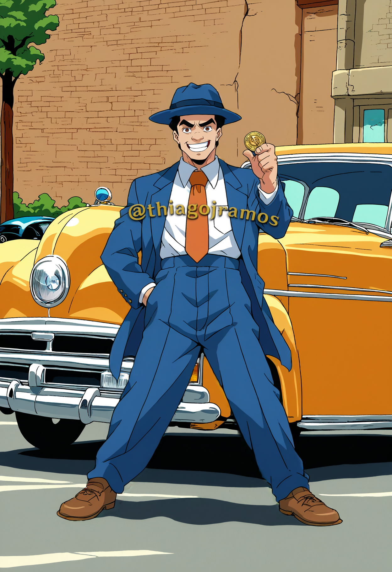 score_9, score_8_up, score_7_up, source_anime, male, JackieChanADV, solo, full body, smug, hat, necktie, z00t, zoot suit, car, Flipping a coin, Toothpick between the teeth, <lora:z00tXLP:0.8>, <lora:JackieChanADV-Pony:1>
