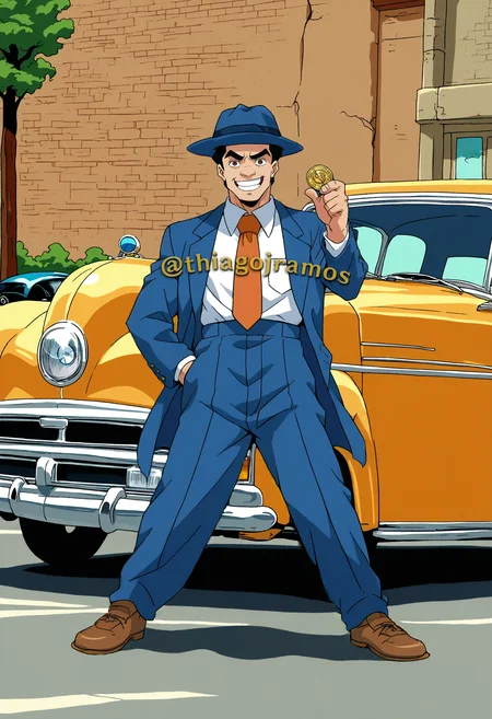 score_9, score_8_up, score_7_up, source_anime, male, JackieChanADV, solo, full body, smug, hat, necktie, z00t, zoot suit, car, Flipping a coin, Toothpick between the teeth, <lora:z00tXLP:0.8>, <lora:JackieChanADV-Pony:1>