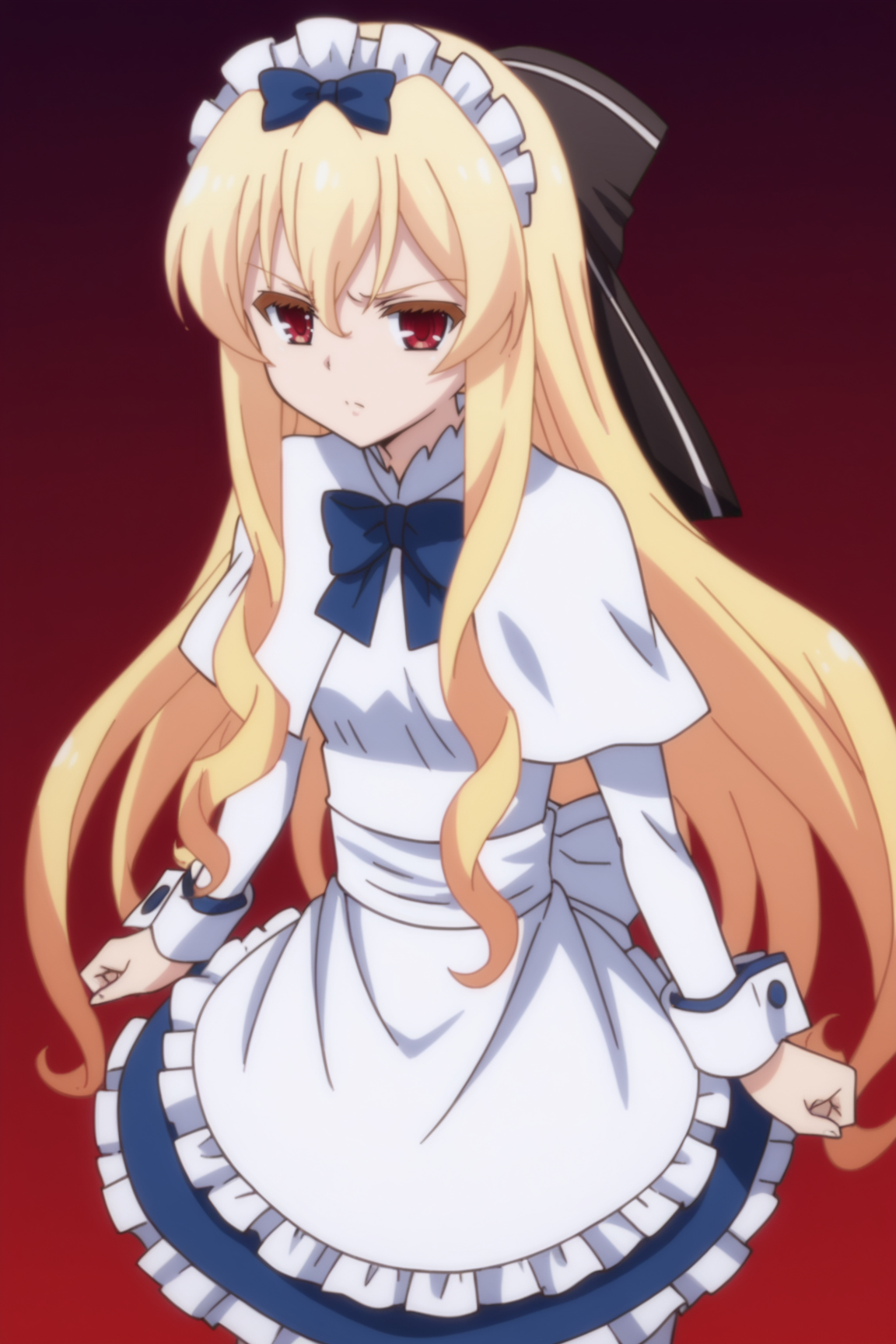 score_9, score_8_up, score_7_up, source anime, prefect lighting, very aesthetic, BREAK, anime coloring, anime screencap,
 <lora:leticia_draculair_v1-pdv6:1>, 1girl, leticia draculair, mondaiji-tachi ga isekai kara kuru sou desu yo?, red eyes, blonde hair, hair bow, long hair, small breasts, 
letimaid, maid, maid headdress, bow, ribbon, capelet, apron, white pantyhose, 
BREAK, looking at viewer, angry, 
BREAK,    (dynamic pose)