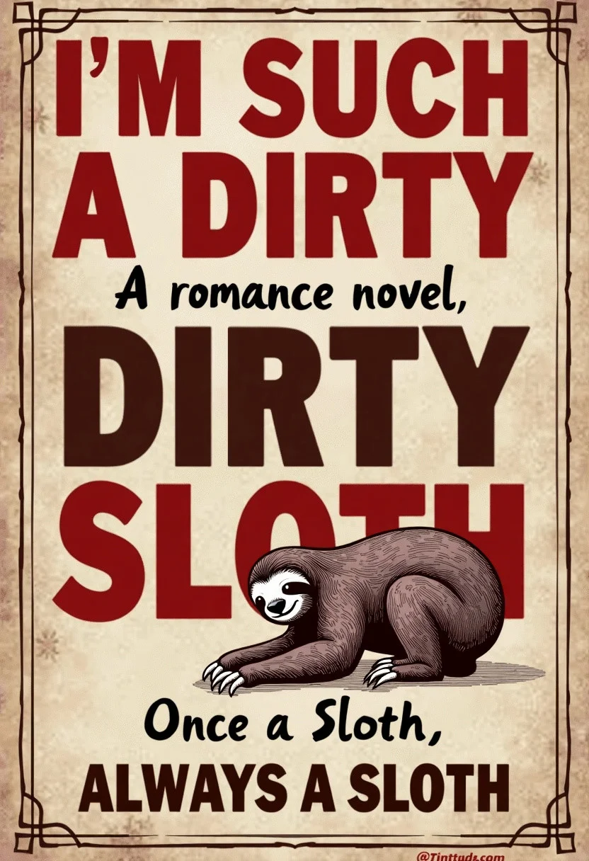 "IM SUCH A DIRTY SLOTH": A romance novel,  The cover features blocky Red and brown fonts, with a diagram of the Female sloth with her ass towards viewer. Subtitle humorously reads, "Once a Sloth, Always a sloth."