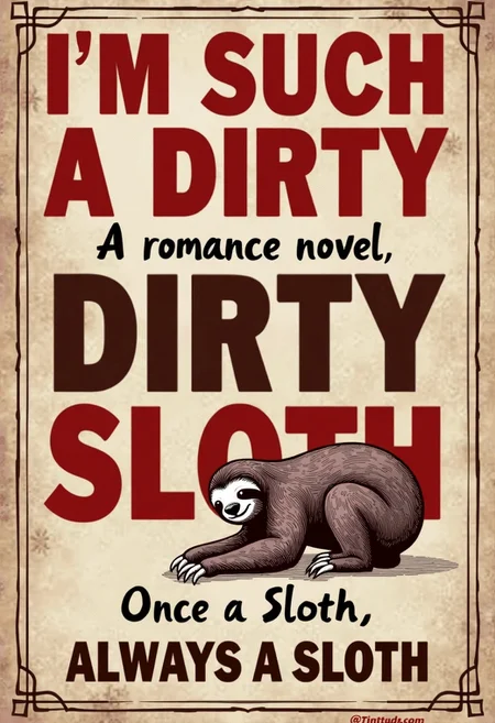 "IM SUCH A DIRTY SLOTH": A romance novel,  The cover features blocky Red and brown fonts, with a diagram of the Female sloth with her ass towards viewer. Subtitle humorously reads, "Once a Sloth, Always a sloth."