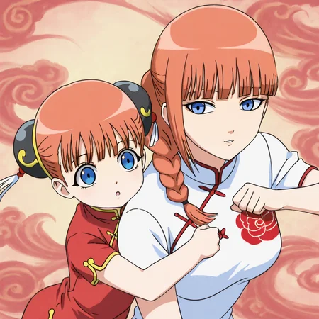 kagura(orange hair, blue eyes, double bun, black bun cover, red chinese dress), kouka(kagura mom, orange hair, blue eyes, braid, single bun, black bun, bun cover, white chinese dress) 2girl, cowboy shot, hugging, intricate, elegant, highly detailed
