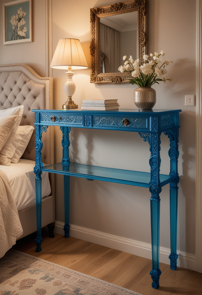 (medium full shot) of (ornate Console table) made of acrylic material, blue color, minimalist style, foldable, carved legs, patina, iron hinges, located in  a cozy bedroom, with soft bedding, warm lighting, inviting atmosphere, modern furniture, at sunset, Masterpiece,best quality, photo, realistic, very aesthetic,