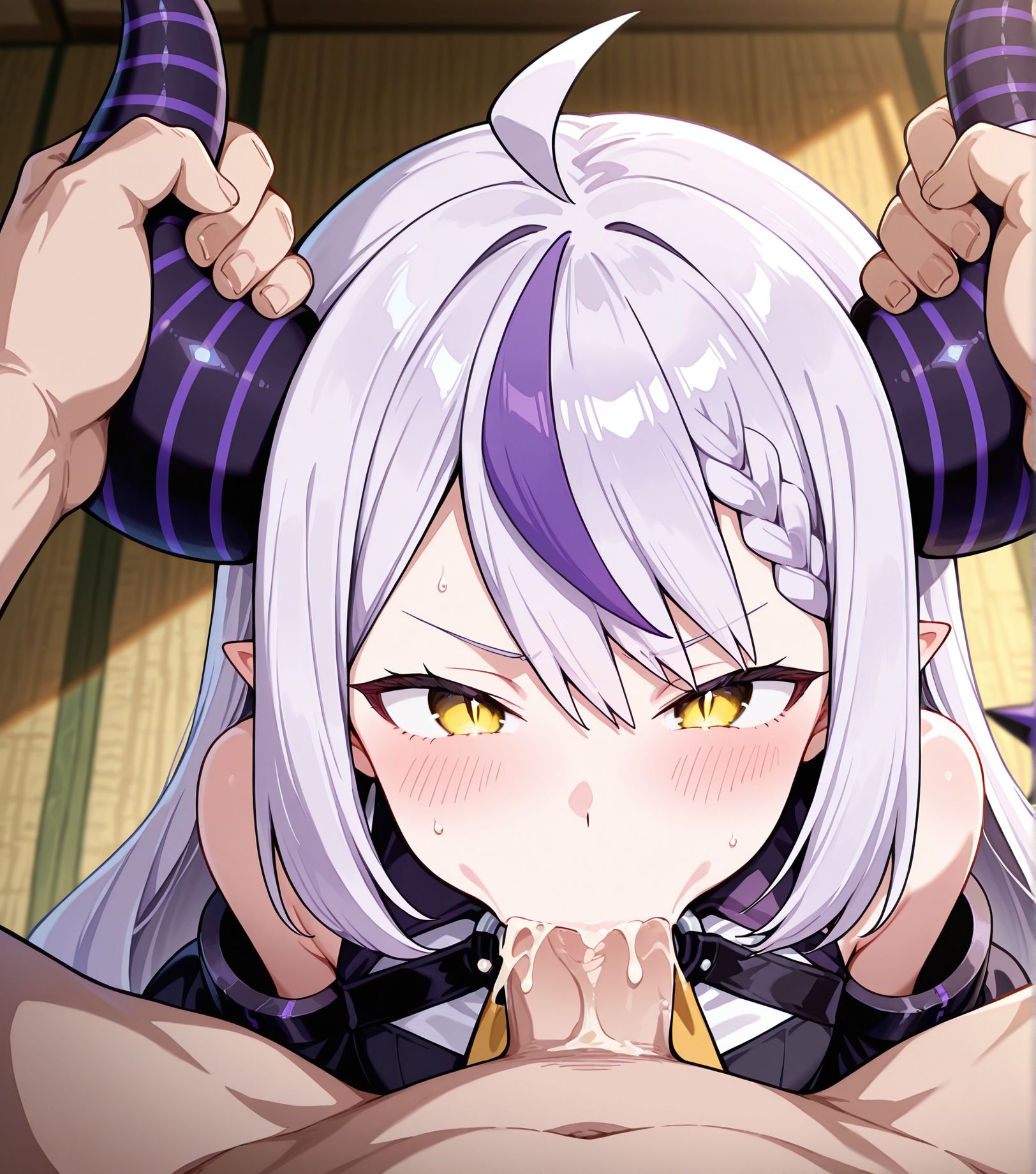 masterpiece, best quality, newest, absurdres, highres, detailed eyes, beautiful, detailed background, perfect eyes, anime coloring, anime screencap,
<lora:horn_grab:0.6> horn_grabV1,
1girl,horns, penis,
hetero,fellatio,oral,
1boy,horn grab,cum, 
hand on horns,
 la+ darknesss \(1st costume\),  adult,
 official art,hololive,