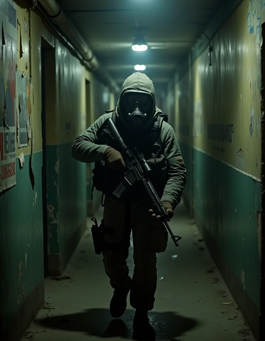 <lora:Dark Cinematic:0.5> DRK
A tense, cinematic scene of a soldier clad in dark tactical gear, his face obscured by a heavy-duty gas mask with fogged-up lenses. He grips a worn rifle tightly, its barrel slightly raised as he moves cautiously through the narrow, decaying hallways of a post-Soviet apartment building. The dim, flickering overhead lights cast long shadows, barely illuminating the peeling paint on the walls, exposing layers of faded colors and crumbling plaster.
The air is thick with dust, disturbed by his slow, deliberate footsteps on the grimy, debris-covered floor. Old Soviet-era posters hang tattered on the walls, their messages long forgotten. Rusted pipes run along the ceiling, some dripping, creating a faint echo that blends with the distant creaks of the aging structure. Faint graffiti in Cyrillic is scrawled across the walls, remnants of past occupants.
The soldierâs breathing is audible through the mask, adding to the suffocating atmosphere. His head tilts slightly as he listens for movement, the silence only broken by the occasional distant thud or the sound of wind howling through broken windows. The hallway ahead disappears into darkness, an eerie unknown that looms in front of him as he takes another careful step forward.