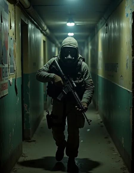 <lora:Dark Cinematic:0.5> DRK
A tense, cinematic scene of a soldier clad in dark tactical gear, his face obscured by a heavy-duty gas mask with fogged-up lenses. He grips a worn rifle tightly, its barrel slightly raised as he moves cautiously through the narrow, decaying hallways of a post-Soviet apartment building. The dim, flickering overhead lights cast long shadows, barely illuminating the peeling paint on the walls, exposing layers of faded colors and crumbling plaster.
The air is thick with dust, disturbed by his slow, deliberate footsteps on the grimy, debris-covered floor. Old Soviet-era posters hang tattered on the walls, their messages long forgotten. Rusted pipes run along the ceiling, some dripping, creating a faint echo that blends with the distant creaks of the aging structure. Faint graffiti in Cyrillic is scrawled across the walls, remnants of past occupants.
The soldierâs breathing is audible through the mask, adding to the suffocating atmosphere. His head tilts slightly as he listens for movement, the silence only broken by the occasional distant thud or the sound of wind howling through broken windows. The hallway ahead disappears into darkness, an eerie unknown that looms in front of him as he takes another careful step forward.
