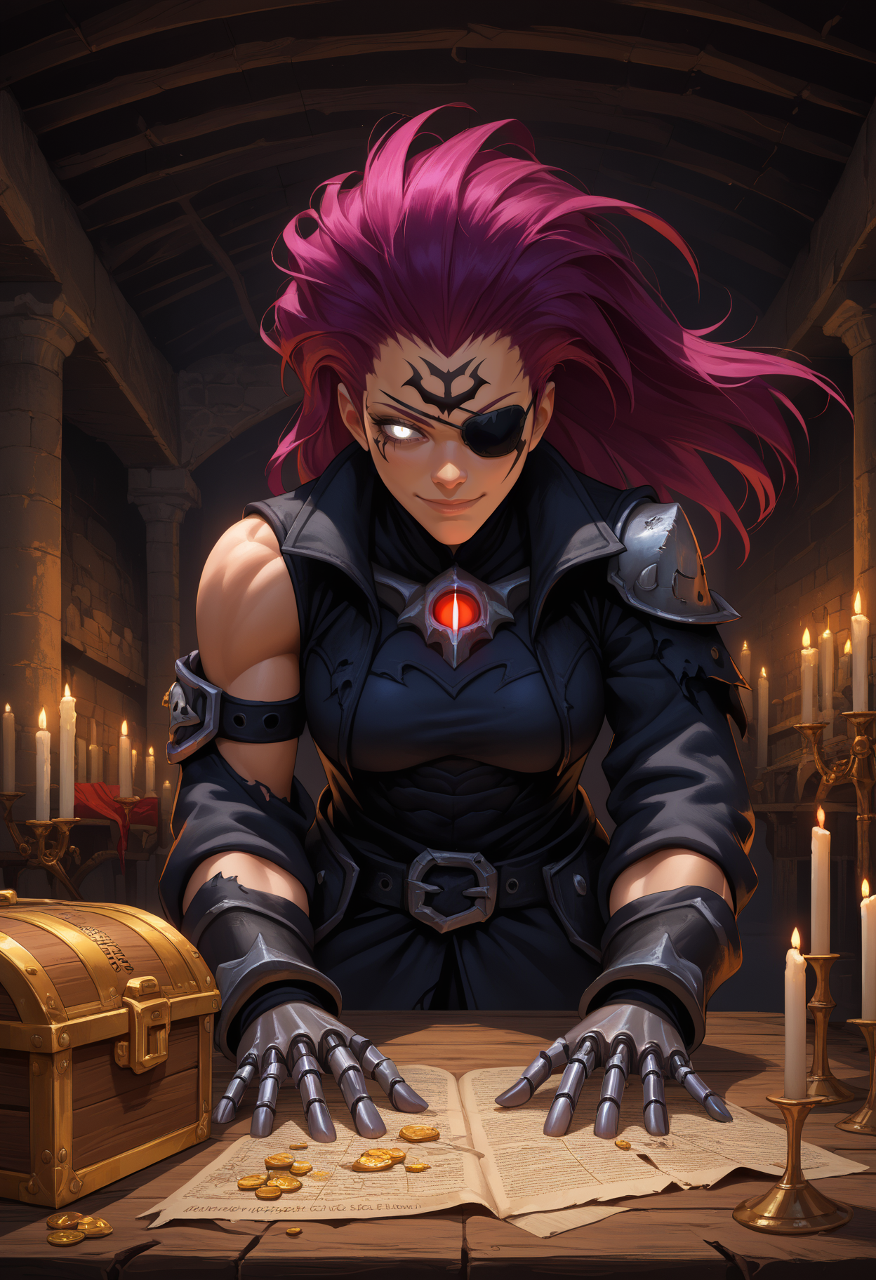 score_9, score_8_up,score_7_up, source_anime, 1girl, solo, <lora:Drksdfry_pdxl_EliPot:1> drksdfry, long hair, glowing eyes, white eyes, no pupils, purple hair, toned, muscular, muscular female, facial mark,
eyepatch, laser pistol, torn jacket, treasure map, cybernetic hand,
chill, relaxed smile, sunglasses, laid-back posture, carefree eyes, casual pose,
fantasy, in a medieval temple, indoors, candlelights,  alter,