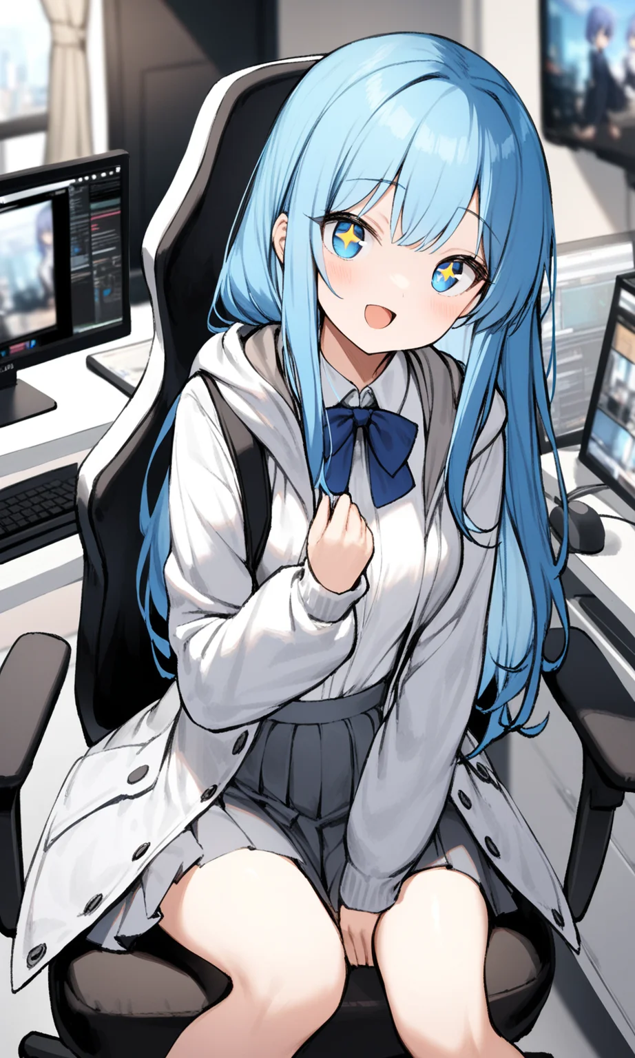1girl, safe, solo, long hair, looking at viewer, smile, open mouth, blue eyes, shirt, skirt, long sleeves, bow, sitting, blue hair, jacket, white shirt, pleated skirt, open clothes, collared shirt, indoors, hood, blurry, open jacket, feet out of frame, blurry background, white jacket, chair, grey skirt, +_+, star-shaped pupils, monitor, swivel chair