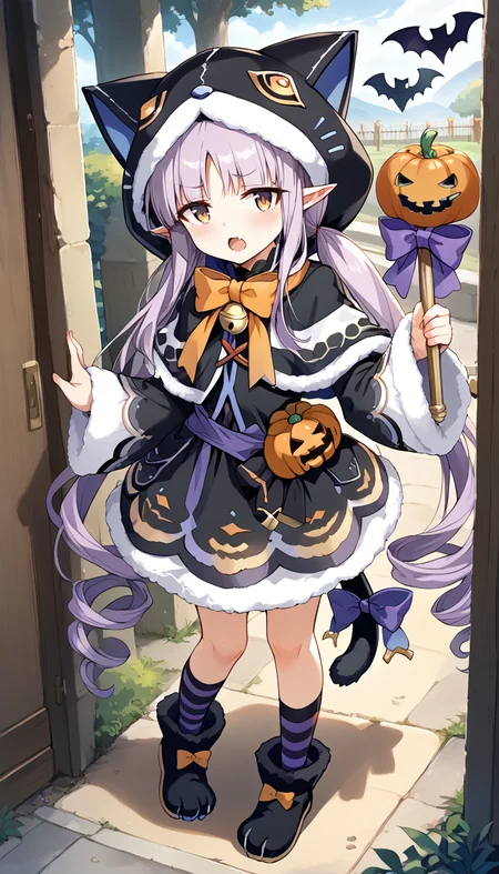 score_9,score_8_up,score_7_up,
official art,official style,game cg,megami magazine,
kyouka halloween,kyouka (halloween) (princess connect!),
animal ears,animal hood,bell,black capelet,black dress,
black footwear,black jacket,black skirt,blush,boots,bow,bowtie,brown eyes,capelet,cat ears,
cat hood,cat tail,dress,elf,fake animal ears,fur trim,fur-trimmed capelet,fur-trimmed dress,
fur-trimmed hood,fur-trimmed skirt,fur-trimmed sleeves,halloween,halloween costume,hood,hood up,
hooded capelet,kneehighs,kyoka (princess connect!),kyouka (halloween) (princess connect!),kyouka (princess connect!),
long hair,long sleeves,low twintails,open mouth,orange bow,paw shoes,pointy ears,purple bow,purple hair,
skirt,striped socks,tail,tail bow,tail ornament,twintails,very long hair,wide sleeves,yellow eyes,
1girl,solo,
standing,full body,
<lora:princess_connect_kyouka_pony_v1:1>,