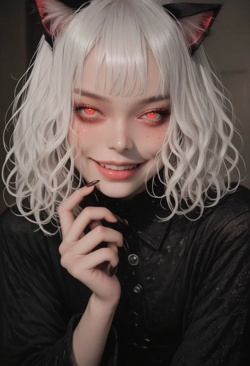 Sfw, 1woman, solo puffy lips, , short hair, wavy hair, white hair, cat ears, cat tail, red eyes, fingernails, claws, long fingernails, sharp fingernails,
voluptuously, stockings, , blushing,(@_@), (demonic smile), glowing eyes, red eyes, (complete psycho), (obsessive look, insane, head tilt, going mentally insane, sound effects,murderous thoughts,explicit, realistic nsfw, (artist: holy_meh:0.6), (artist: tsuaii:0.6), oil painting, full lips, dress, open dress, blending, masterpiece, best quality, amazing quality, intricate detail, highly detailed, absurdres, newest,Smooth Quality,
Convenient censoring,