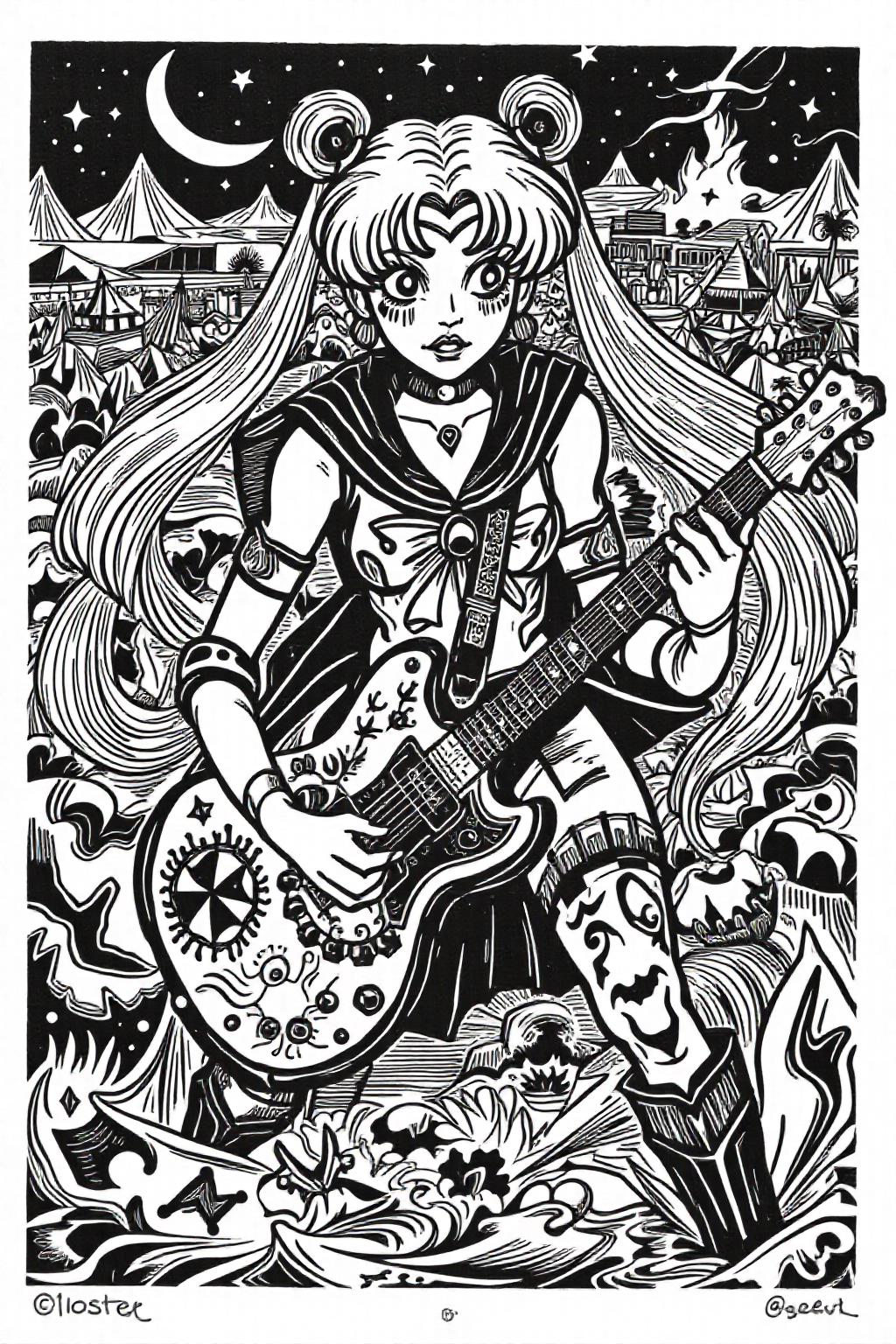 k1ooster black and white drawing of punk sailor moon playing a guitar at a heavy metal mosh pit, tattoos, piercing, <lora:Klooster.Border.D8A4.R15E10.ep10:0.8> <lora:Flux-Sch-SingleBlocks-BF16:1.0><lora:796085047729011451:0>