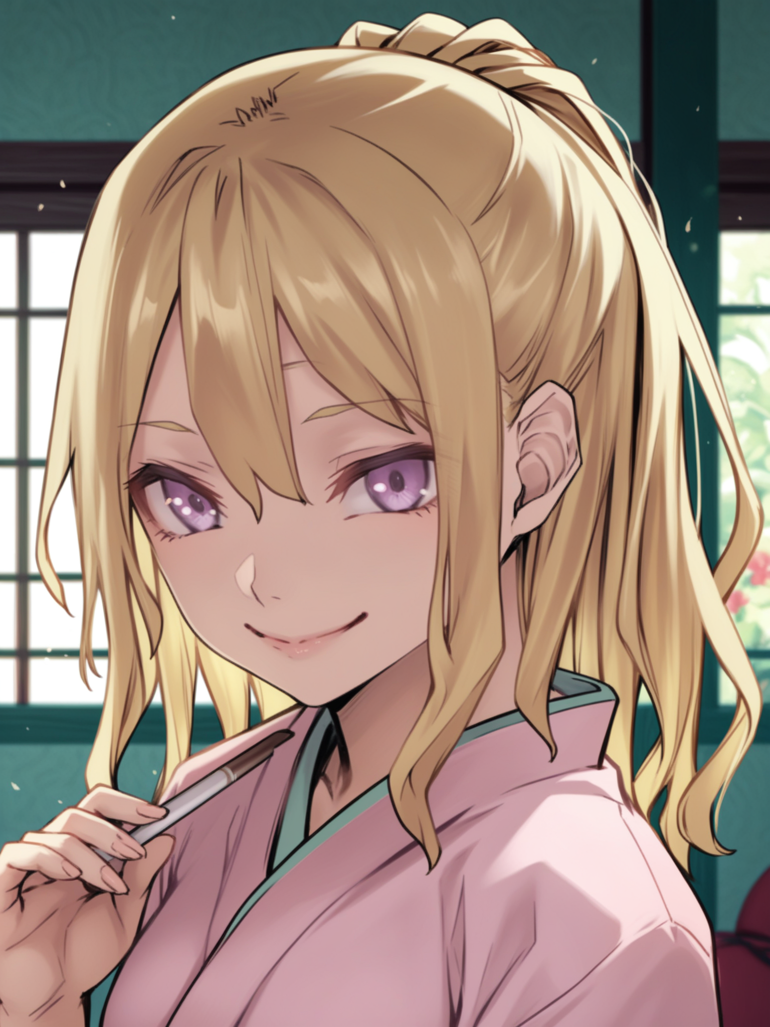 <lora:happy_tentacle-fuyuno-v0.3-000021:1>, ht_fuyuno, blonde hair, kimono , indoors 1girl, solo, upper body , jitome , ( smile :1), , looking at viewer , , facing viewer , score_9, score_8_up, score_7_up, score_6_up, score_5_up, score_4_up