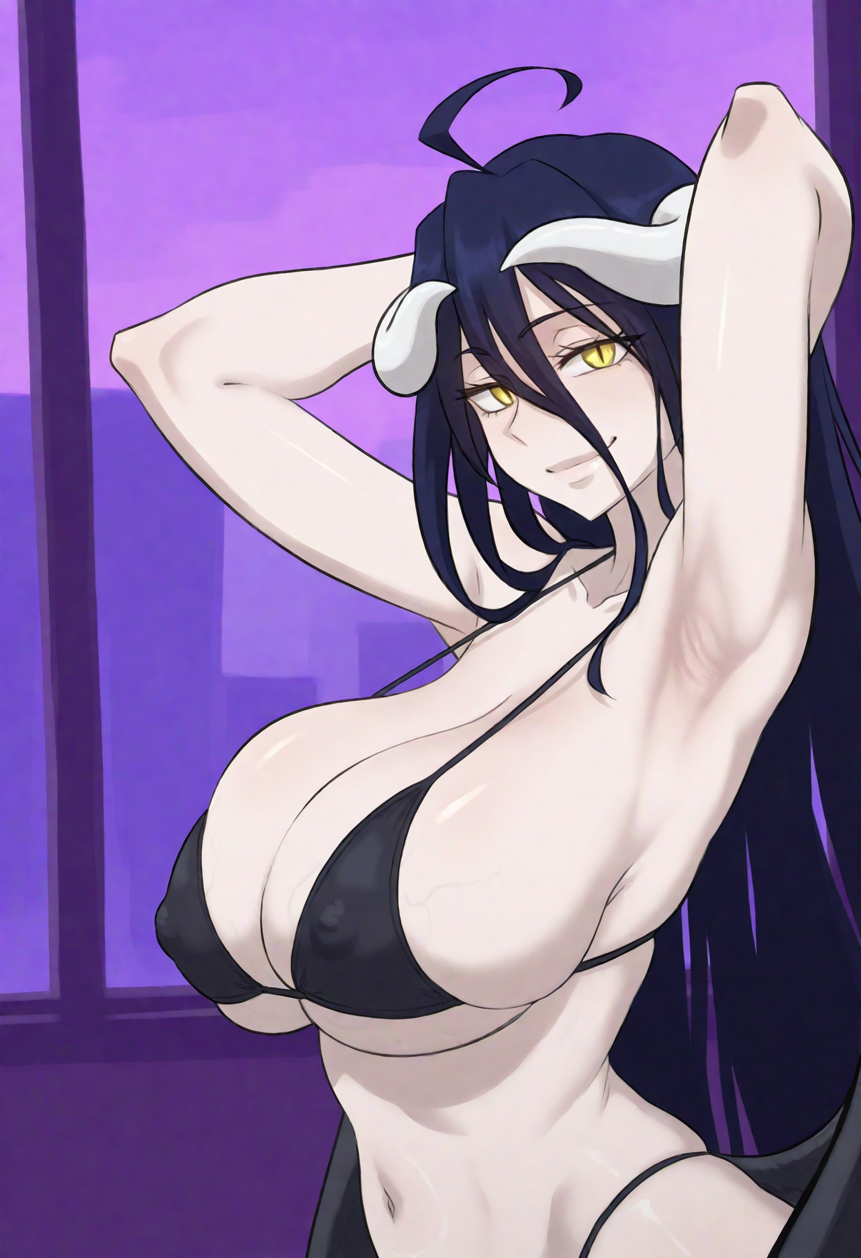 <lora:DittochadNoob02TWanyretag:1> M1C3S3D7C1H4B8L8R,
indoors, from side, window, dusk,dutch_angle,
1girl, huge breasts, albedo (overlord), white horns, yellow eyes, black hair, armpits, swimsuit, ahoge, smile, black bikini, demon girl, looking at viewer, hair between eyes, slit pupils, arms behind head, cleavage, arms up, covered nipples, demon horns, upper body, purple background, veiny breasts, pale skin, 
masterpiece, best_quality, very_awa, absurdres, very_as2, detailed_background, hdr, High_dynamic_range, rich_details, clear_shadows_and_highlights, intense, enhanced_contrast, highly_detailed, amazing_quality, very_aesthetic