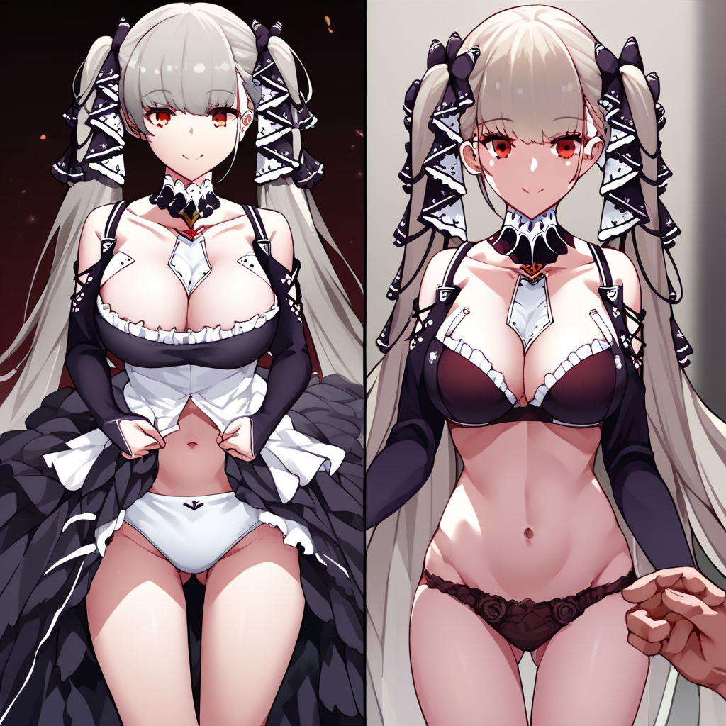 score_9, score_8_up, score_7_up, source_anime BREAK 1girl, formidable (azur lane), standing, grey hair, red eyes, twintails, looking at viewer, hair ribbon, 2koma, instant loss, pov, pov before and after, hetero, closed eyes, netorare, cheating (relationship), smile, dress, underwear, cowboy shot, gluteal fold, navel, standing, cleavage, bra, frills, corrupted, rating_questionable