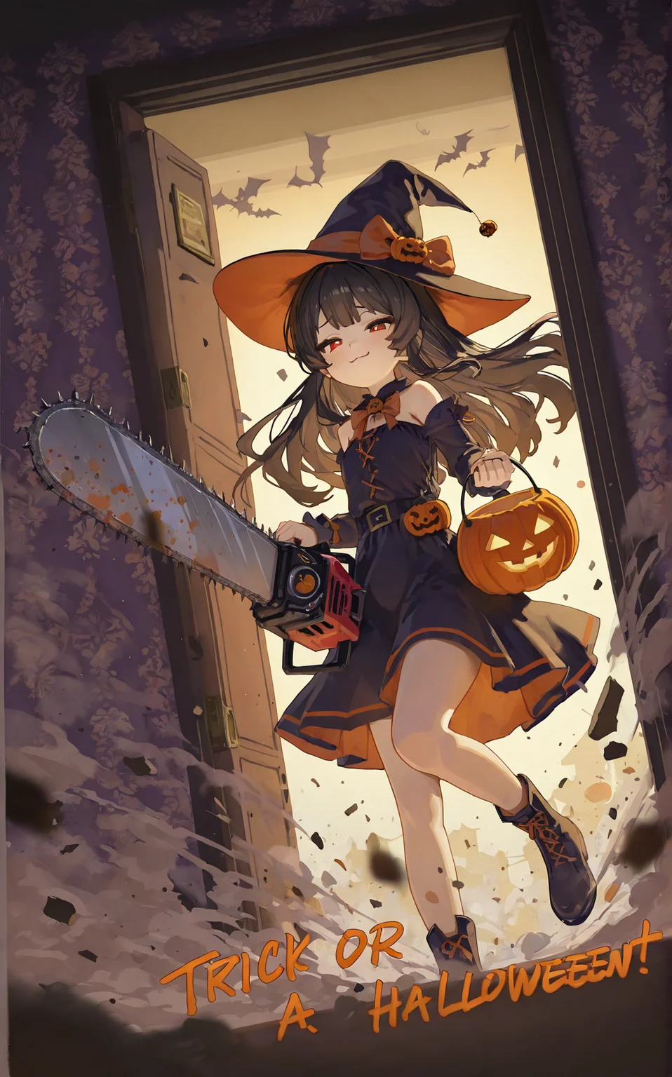 1girl,solo,petite,halloween costume,witch hat,long hair,narrowed eyes,smug,halloween bucket,trick or treat,right hand holding chainsaw,(chainsaw with bloodstains:1.2),(Chop the door with a chainsaw:1.2),dynamic pose,debris,dust cloud,cinematic_angle,close-up,((extreme dynamic snapshot:1.2)),from doorway,night,street view outside the door,halloween,absurdres,wallpaper,faux_traditional_media,best quality,masterpiece,(ningen mame:0.7),<lora:rafaelaaa:0.7>,