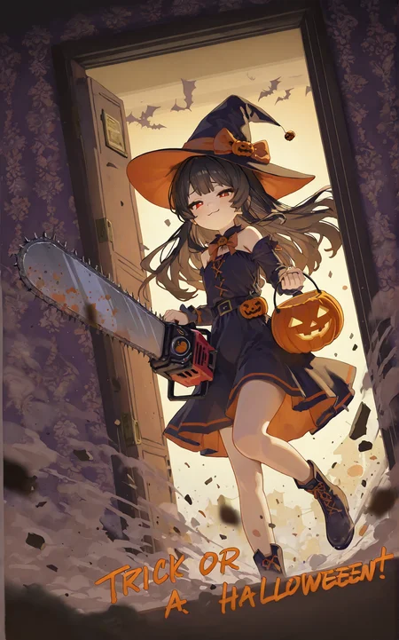 1girl,solo,petite,halloween costume,witch hat,long hair,narrowed eyes,smug,halloween bucket,trick or treat,right hand holding chainsaw,(chainsaw with bloodstains:1.2),(Chop the door with a chainsaw:1.2),dynamic pose,debris,dust cloud,cinematic_angle,close-up,((extreme dynamic snapshot:1.2)),from doorway,night,street view outside the door,halloween,absurdres,wallpaper,faux_traditional_media,best quality,masterpiece,(ningen mame:0.7),<lora:rafaelaaa:0.7>,