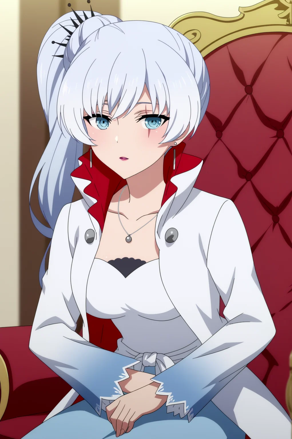weiss schnee,anime screencap,1girl,solo,mature,blue eyes,scar,scar across eye,scar on face,ponytail,earrings,jewelry,necklace,indoors,sit,castle,high collar, looking at viewer, ponytail, peaked cap, chair, white headwear, parted lips, white coat, hair between eyes, military hat, white jacket, coat <lora:Weise Schnee - RWBY.safetensors:0.8>