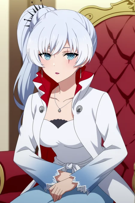 weiss schnee,anime screencap,1girl,solo,mature,blue eyes,scar,scar across eye,scar on face,ponytail,earrings,jewelry,necklace,indoors,sit,castle,high collar, looking at viewer, ponytail, peaked cap, chair, white headwear, parted lips, white coat, hair between eyes, military hat, white jacket, coat <lora:Weise Schnee - RWBY.safetensors:0.8>