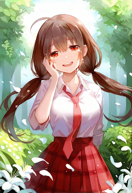 1girl, 
letterboxed, tears, solo, open mouth, brown hair, long hair, crying, red eyes, petals, crying with eyes open, looking at viewer, brown eyes, portrait, blush, collared shirt, floating hair, plaid skirt, head tilt, pleated skirt, collarbone, skirt, large breasts, tree, white shirt, outdoors, falling petals, necktie, shirt, dot nose, ahoge, very awa hime, teeth, flower, hand on own face, day, red necktie, white flower, plaid, hand up, hand on own cheek, twintails, hair between eyes, smile, low twintails, red skirt, breasts,
masterpiece, best quality, newest, absurdres, highres, safe
 <lora:Dhiea1_noob1.1-000177:1>
