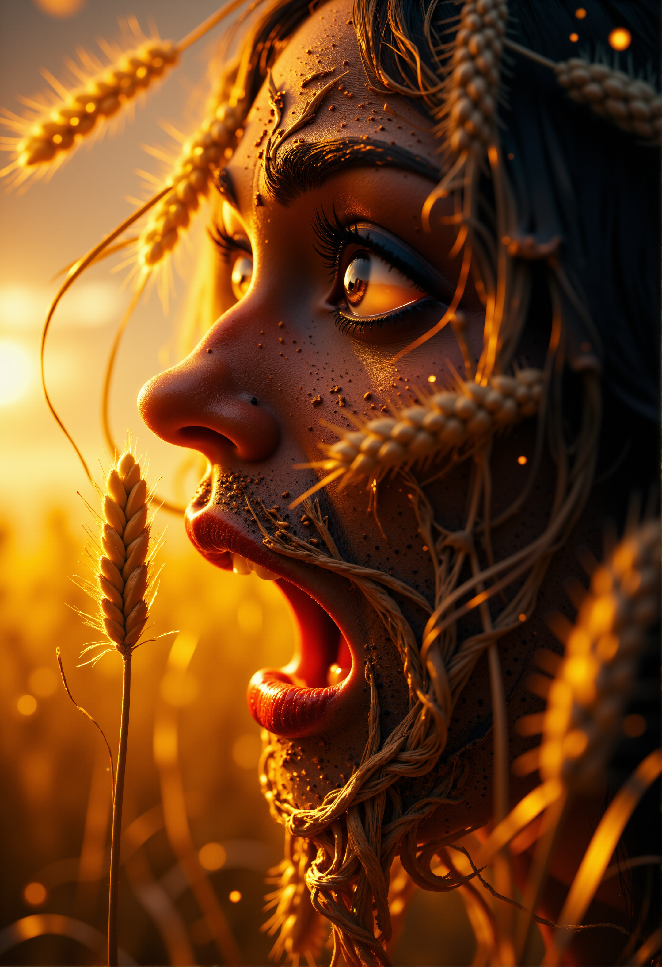 Horror-themed, Close-up. A field of wheat. The sun in the horizon. Texture of a face made of wheat. Lips of wheat. Wreath of wheat. Terrible face, terrible open mouth. A pagan god. Black eyes, tired eyes, red whites of eyes. Cheeks and body in blood. Fear, terror, anger. Glints of dust in the slate's rays. Bokeh effects. Spikes of wheat on fire.
<lora:FluxMythP0rtr4itStyle:0.8> mythp0rt
 <lora:DarksunRiddV4:0.9>
 <lora:FL-bailing-24-0906Fire Spirit:0.8> fire