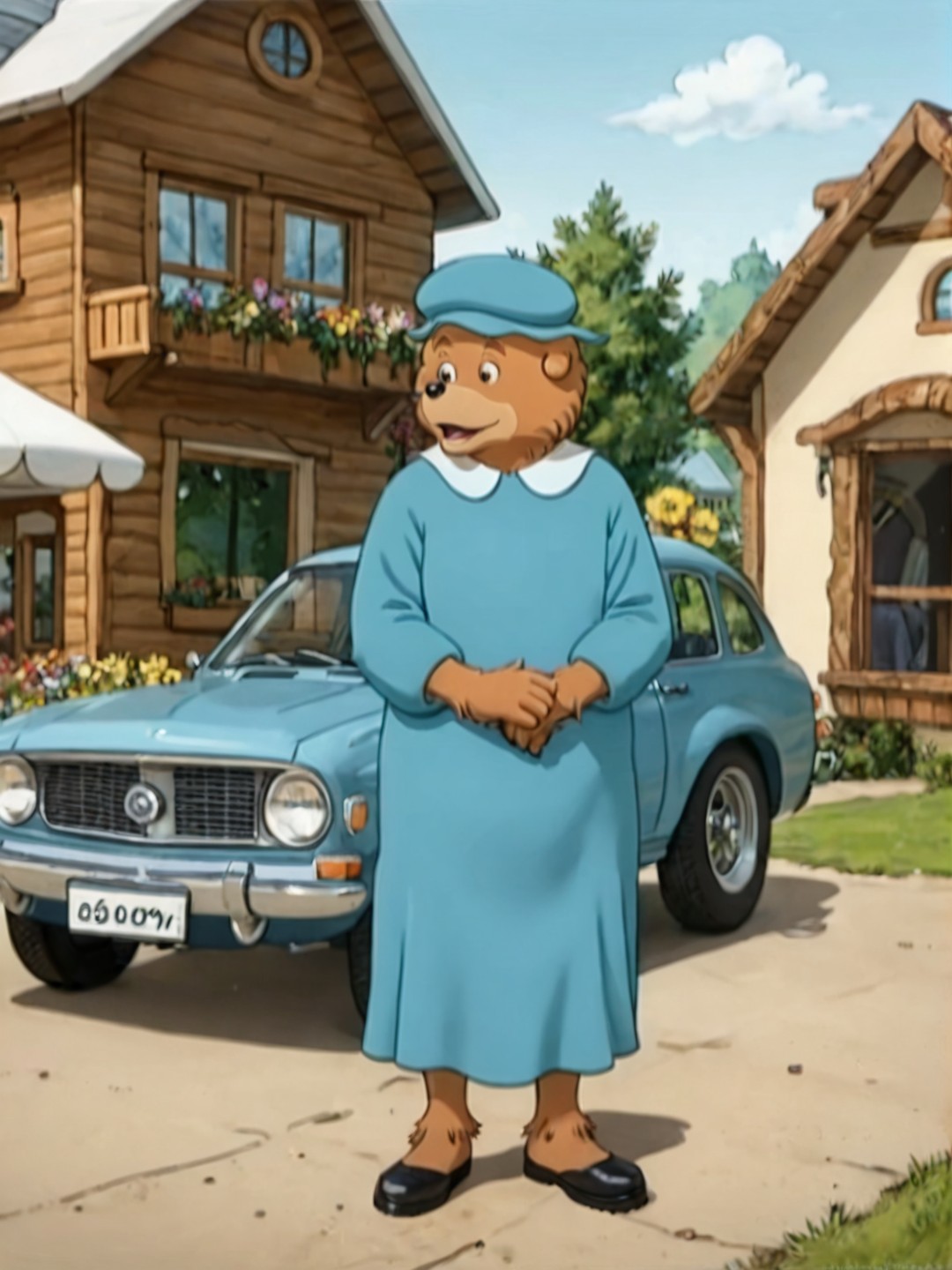 socre_9,score_8,score_7,source_furry,
berenstain_bear_mom, berenstain_mom, blue headwear, orange body, orange fur, bear ears, bear tail,
berenstain_bear_mom, berenstain_mom, mama_bear, berenstain_bear_mom, female, female furry, official art, official style, hat, furry, dress, 1girl, parody, blue dress, ground vehicle, hat, motor vehicle, car, 1girl, house, furry, parody, blue dress, window, furry female, flower, dress, outdoors, solo,
<lora:Mama_Bear_Berenstain_Bears_r1:1>