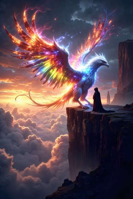 FLUORESCENT, GLOW, a majestic griffin with wings made of shimmering crystal perches on the edge of a vast cliff overlooking a sea of clouds. Its feathers catch the light of the setting sun, casting vibrant rainbows across the sky. A lone figure, cloaked in dark velvet, approaches the griffin with a bow, their face hidden beneath a hood. The scene is bathed in soft, golden light, with the clouds below swirling in soft, pastel hues of pink and orange. The griffinâs powerful talons grip the edge of the cliff, and the textures of its crystalline wings and the figureâs velvet cloak create a vivid, tactile scene. A soft vignette centers on the moment of reverence between the figure and the griffin, highlighting the mystical and awe-inspiring nature of the encounter.capturing the quiet magic of this otherworldly moment.<lora:DnDDarkestFantasy:0.5><lora:FluxMythP0rtr4itStyle:0.75><lora:Dever_Flux_Enhancer:0.5><lora:Aura_Flux-000010:0.6>