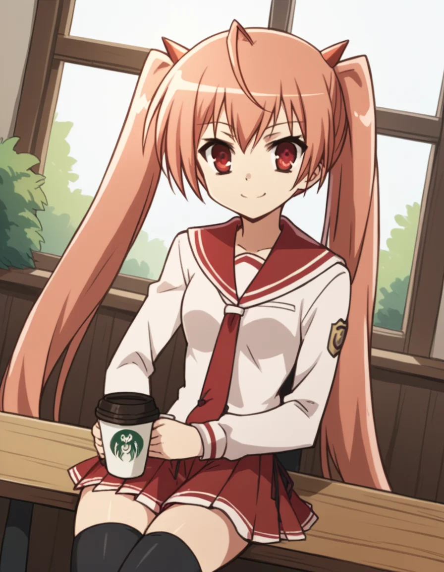 score_9, score_8_up, score_7_up, source_anime, <lora:aria-holmes-kanzaki-s1-ponyxl-lora-nochekaiser:1>, aria holmes kanzaki, long hair, red eyes, twintails, pink hair,, skirt, thighhighs, school uniform, serafuku, zettai ryouiki, white shirt, long sleeves, red sailor collar, necktie, red necktie, red skirt, pleated skirt,, cafe, coffee cup, barista, sitting down, talking, relaxing, sunlight through window, smile, sitting, elbow rest, table,, looking at viewer, solo,, dutch angle, cowboy shot