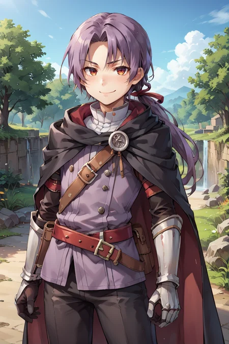 score_9, score_8_up, score_7_up, score_6_up, source_anime, BREAK, <lora:Russell:0.7> , rusdef, 1boy, purple hair, long hair, ponytail, low ponytail, hair ribbon, black cloak, cape, tunic, purple tunic, belt, black pants, gloves, gauntlets, white boots, sheathed, (looking at viewer), dominant expression, smug smirk,  (cowboy shot), outdoors, daytime, nature, <lora:backgroundsetXL:0.6> , background,   <lora:CatalystStylePDXL:0.3> , zzCitronCAT,