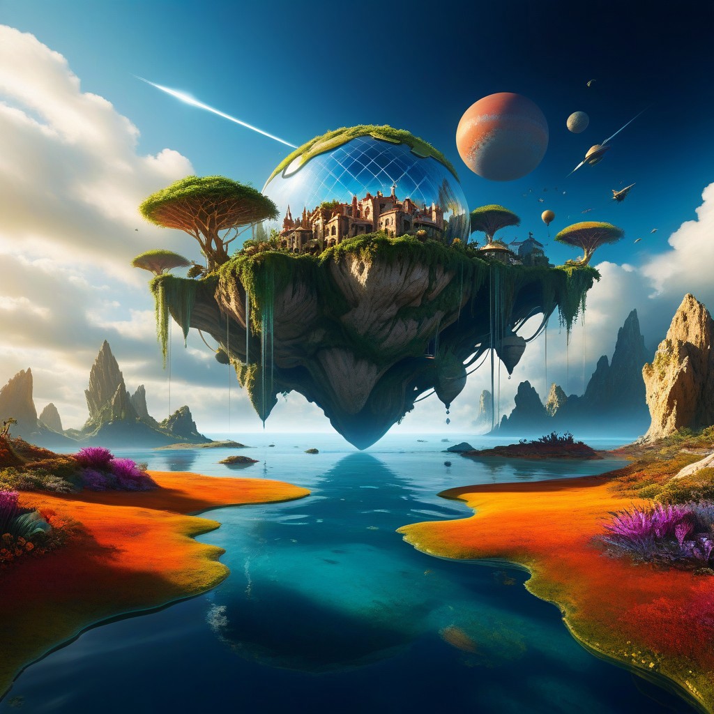 Create a hyper-realistic, high-resolution image of an imaginative and surreal world. Combine elements of fantasy and reality using cutting-edge photorealistic techniques. Imagine a landscape where elements like floating islands, futuristic architecture, and mythical creatures coexist. The scene should have a dynamic interaction between light and shadow, with vibrant colors and textures that feel tactile. The image should evoke a sense of wonder and awe, pushing the boundaries of creativity.