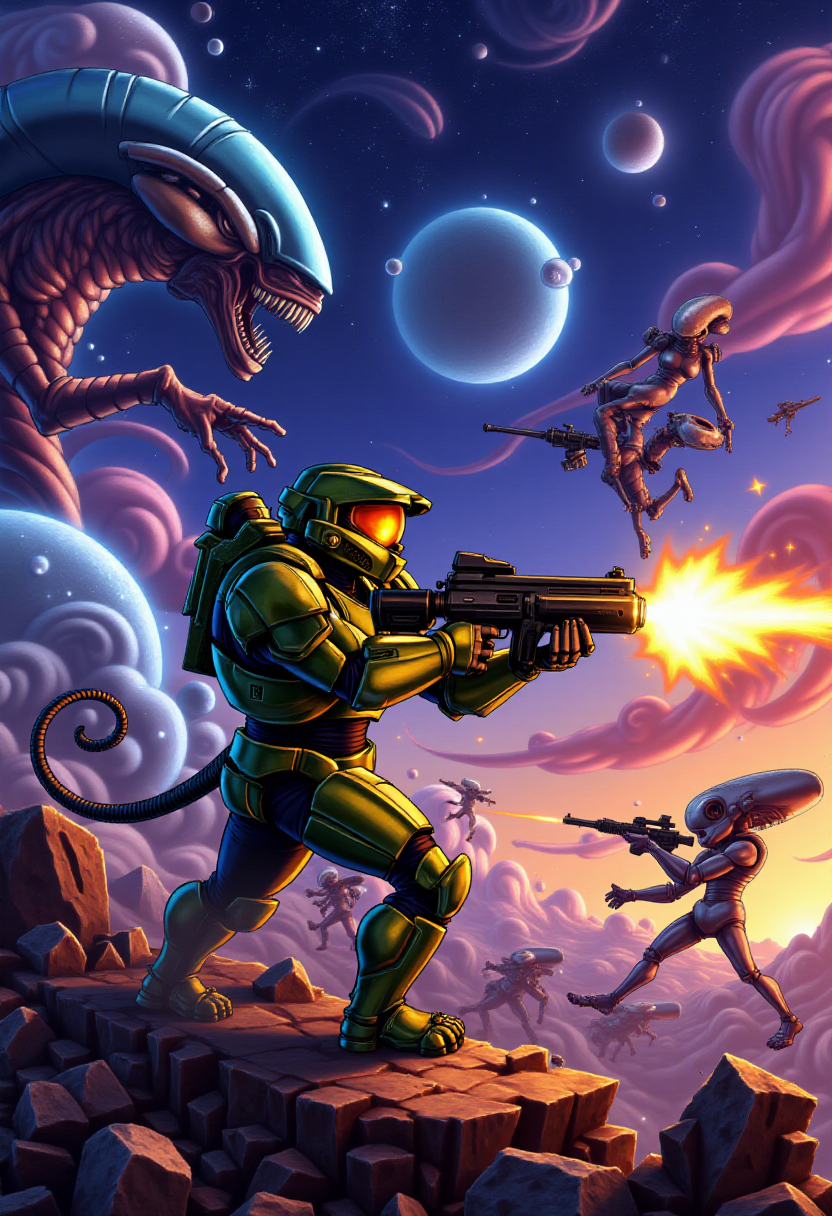 <lora:KFT_Curse_of_Dragons_Crown_Style_FLUX:1>
The image is a vibrant, digitally created kftfantasy illustration featuring   Master Chief shooting at aliens in space