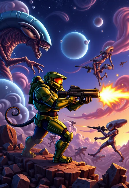 <lora:KFT_Curse_of_Dragons_Crown_Style_FLUX:1>
The image is a vibrant, digitally created kftfantasy illustration featuring Master Chief shooting at aliens in space