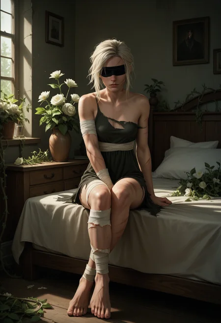 score_9, score_8_up., score_7_up, score_6_up, source_anime, absurdres,
indoors, overgrowned, bedroom, flowers, white flowers, vines, 1girl, wide shot, blindfold, small breasts, bandage arms, bandage legs, torn dress, sitting on bed, scars on face, scars on legs, volumetric lighting, dark, (realistic)
